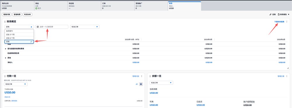 亚马逊财务工作区财务概览页面，右上角下载财务报表按钮，日期范围可选本月至今过去3个月6个月12个月或自定义