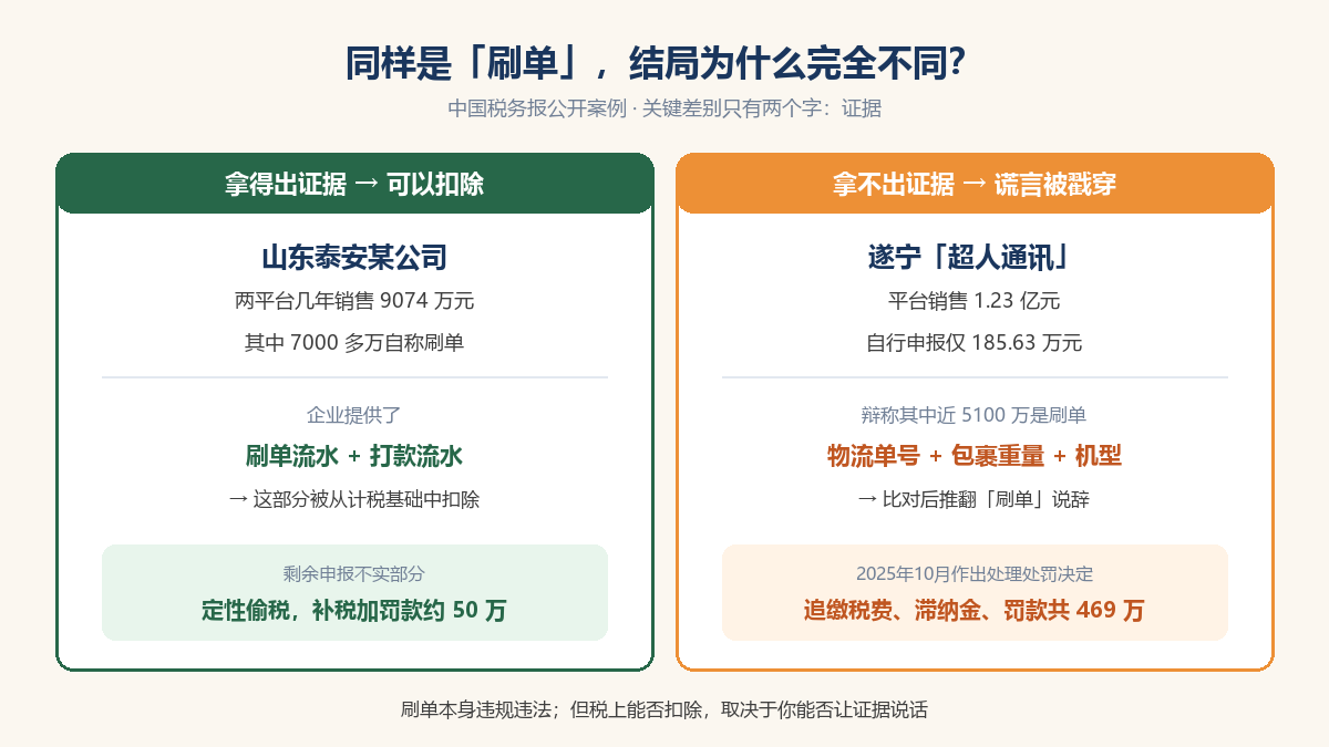两个刷单案例对照：山东泰安公司凭证据扣除7000多万，遂宁超人通讯5100万刷单说辞被物流数据推翻